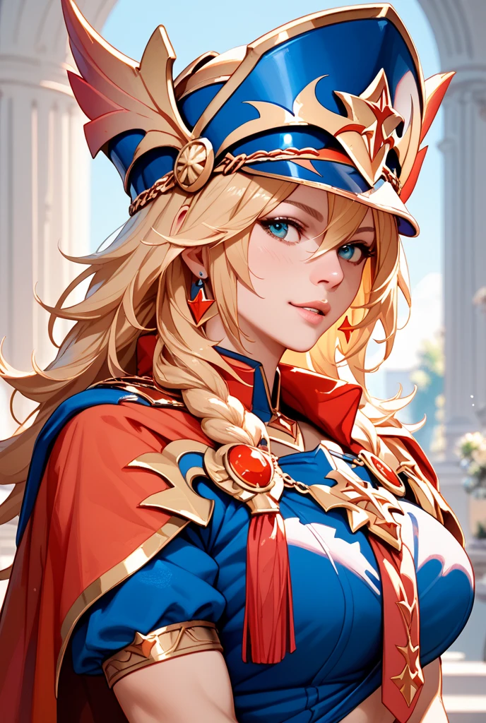 (masterpiece:1.2, best quality), realistic, (real picture, intricate details, depth of field), Best quality, masterpiece, highly detailed, semi realistic, 1 girl, mature female, 21 years old, with short golden hair, left eye covered by hair, blue eyes, king's clothing, red cloak, slim figure，A crown made of precious gold, chain, chain layout, chain summoning, battle elements，War background
