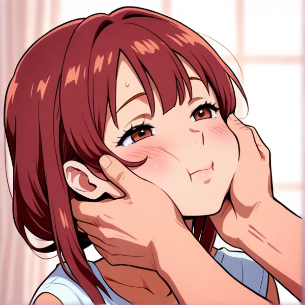 on the bed, rating_explicit, uncensored, source_anime, detailed eyes, Nausicaa, red hair, large breasts, round ass, nude, blowjob, fellatio, oral, penis, closed eyes, head grab, blush, cum, cum in mouth, 1boy, pov, solo focus
