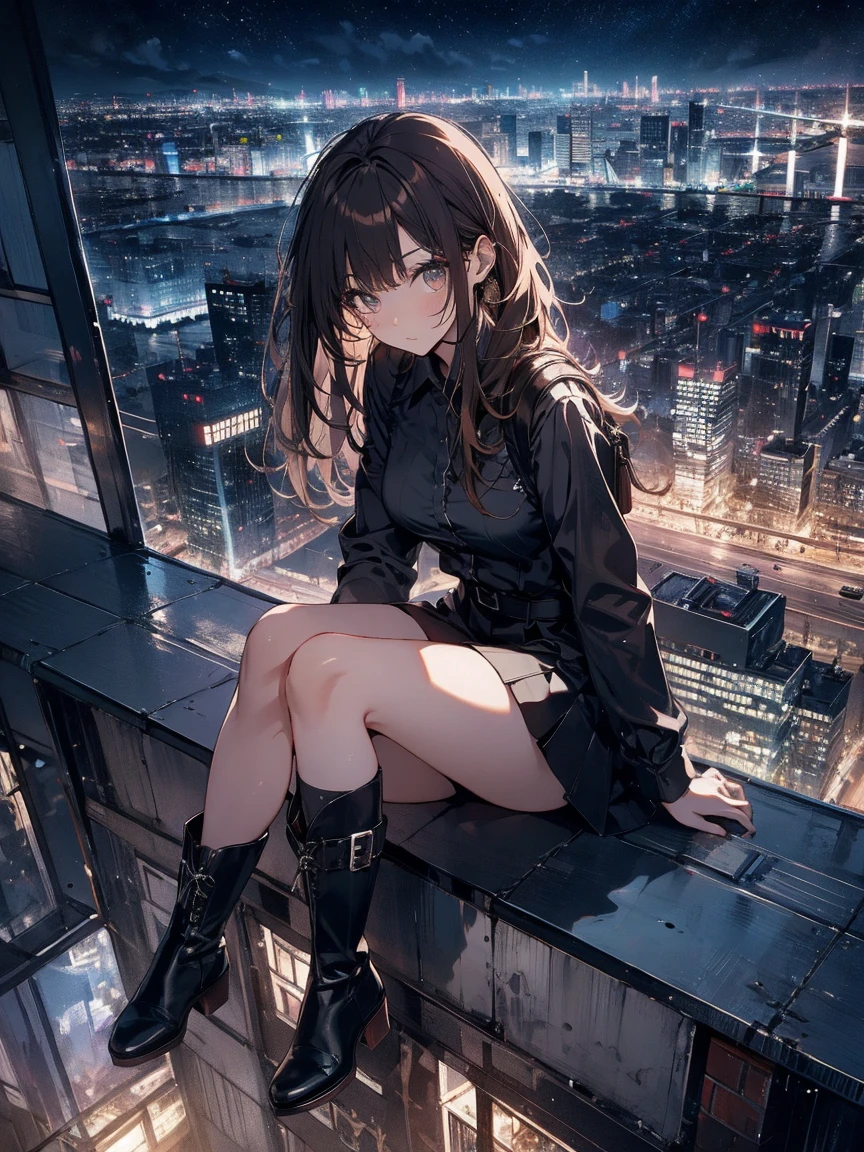 Brown Hair、night、building、rooftop、Overlooking the lower world,Black mini skirt,vision,Small face　bangs ,beauty,vision 、Black boots 、one person 、Dress shirt、Panty shot　holster　