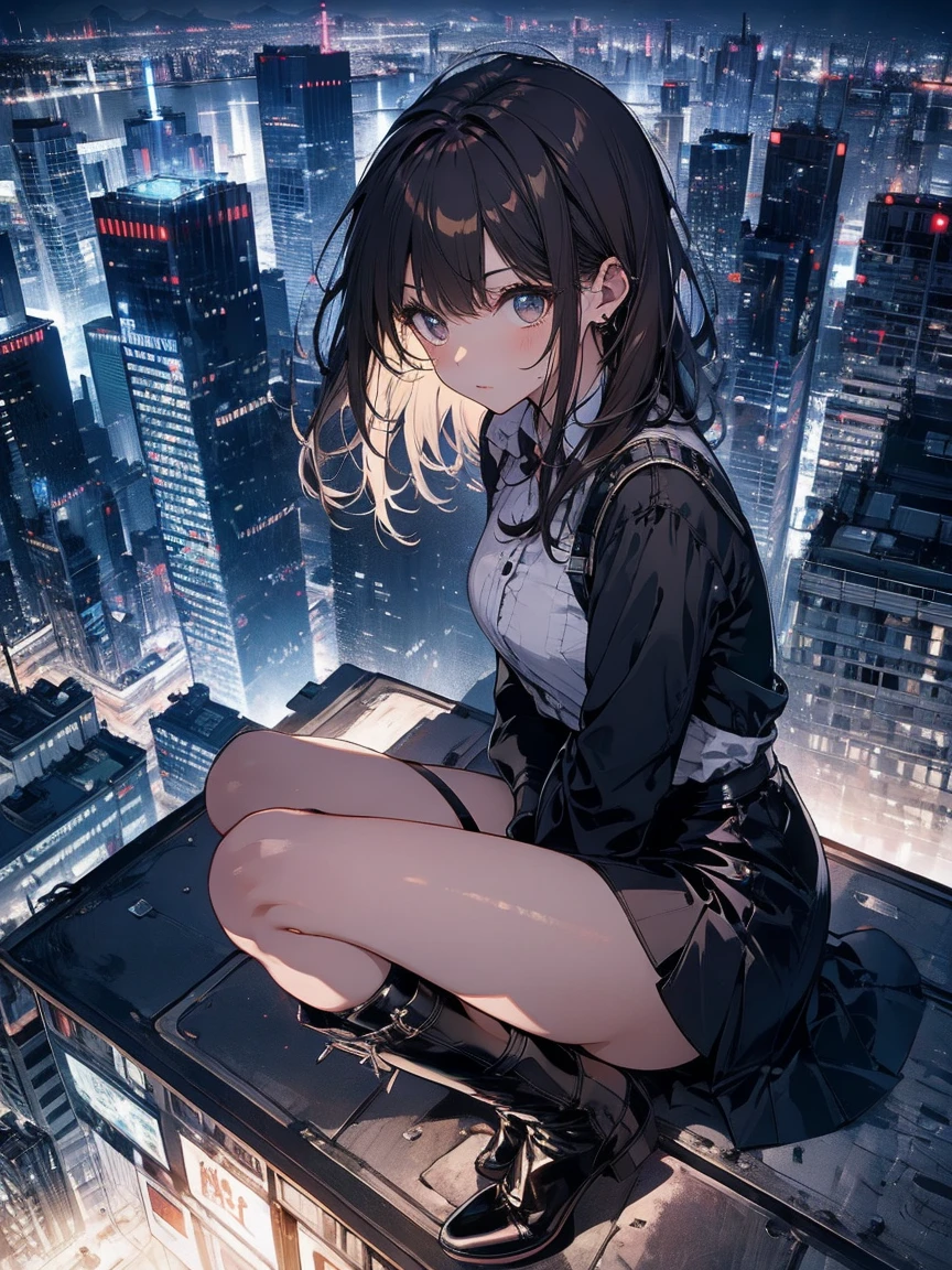 A girl sits on the edge of a building with a night view. She wears a white skirt and black shoes. The girl is looking at the skyscrapers below her. The camera shows the girl from the more side view, she is singing and happily rhythms with her feet. Above her head is a beautiful urban starry sky written in an animated style. Below her, the night view is detailed with stars and city lights in great detail, creating a fantastic and beautiful urban night