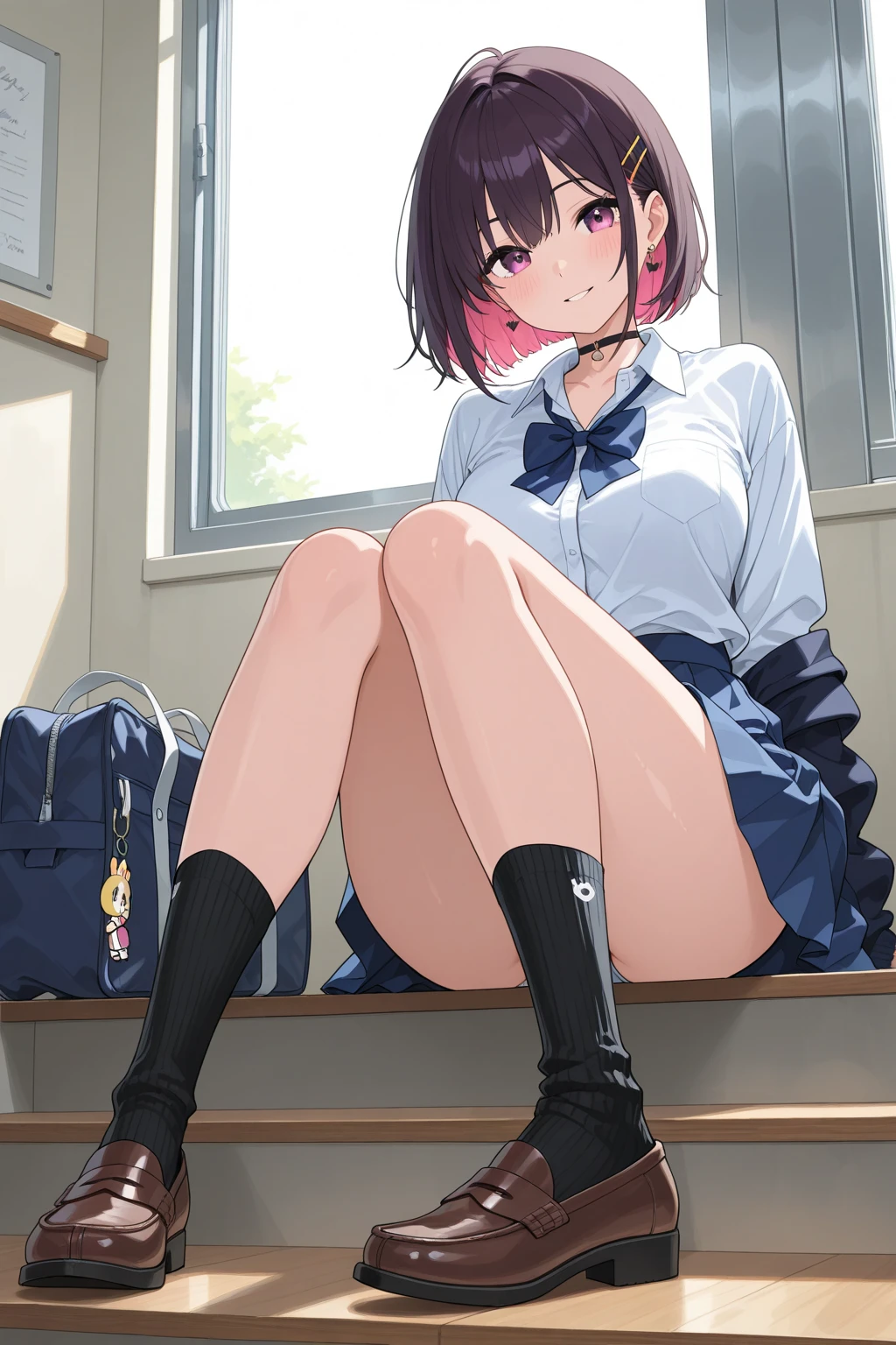 (1) there is a woman, She lifts up her skirt and shows me her shorts.. she wears black lace panties.
(2) that woman is a nurse, She is wearing a pink nurse uniform with a long skirt., nurse hat, socks and nurse shoes, with short black hair.
(3) her expression is seductive、Has a fearless smile。.
