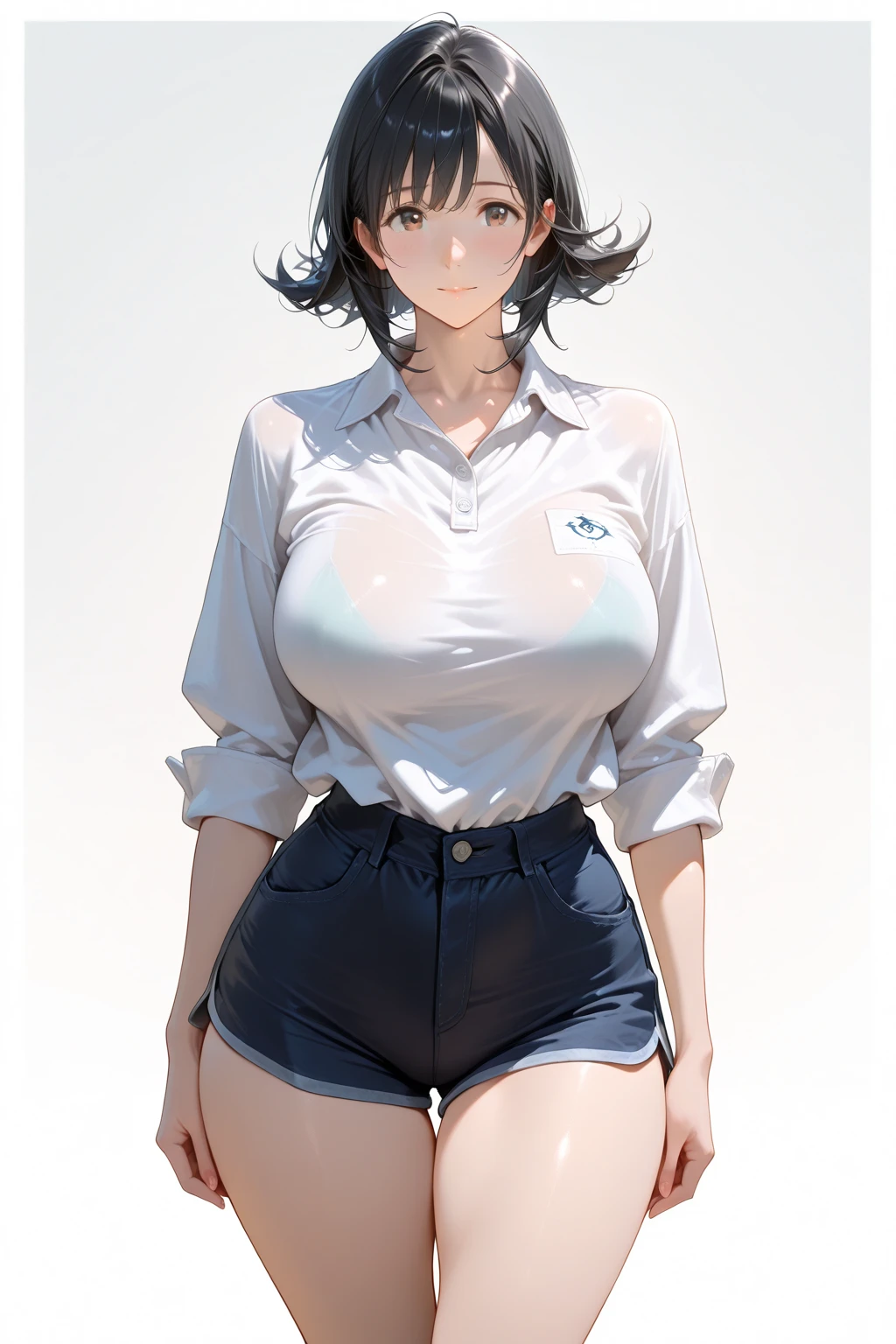 (masterpiece, best quality:1.2), Realistic, front shot, 1girl, kawaii, (super big breasts, micro waist, very long legs:1.4), Big Ass, Black hair, short bob hair, short height, scrawny and thin body, Light Skin, cute big eyes, tiny slender cute face, detailed face, Tight school blazer, miniskirt, pigeon-toed, wet and sweaty, big visible ribs, V sign, Trembling