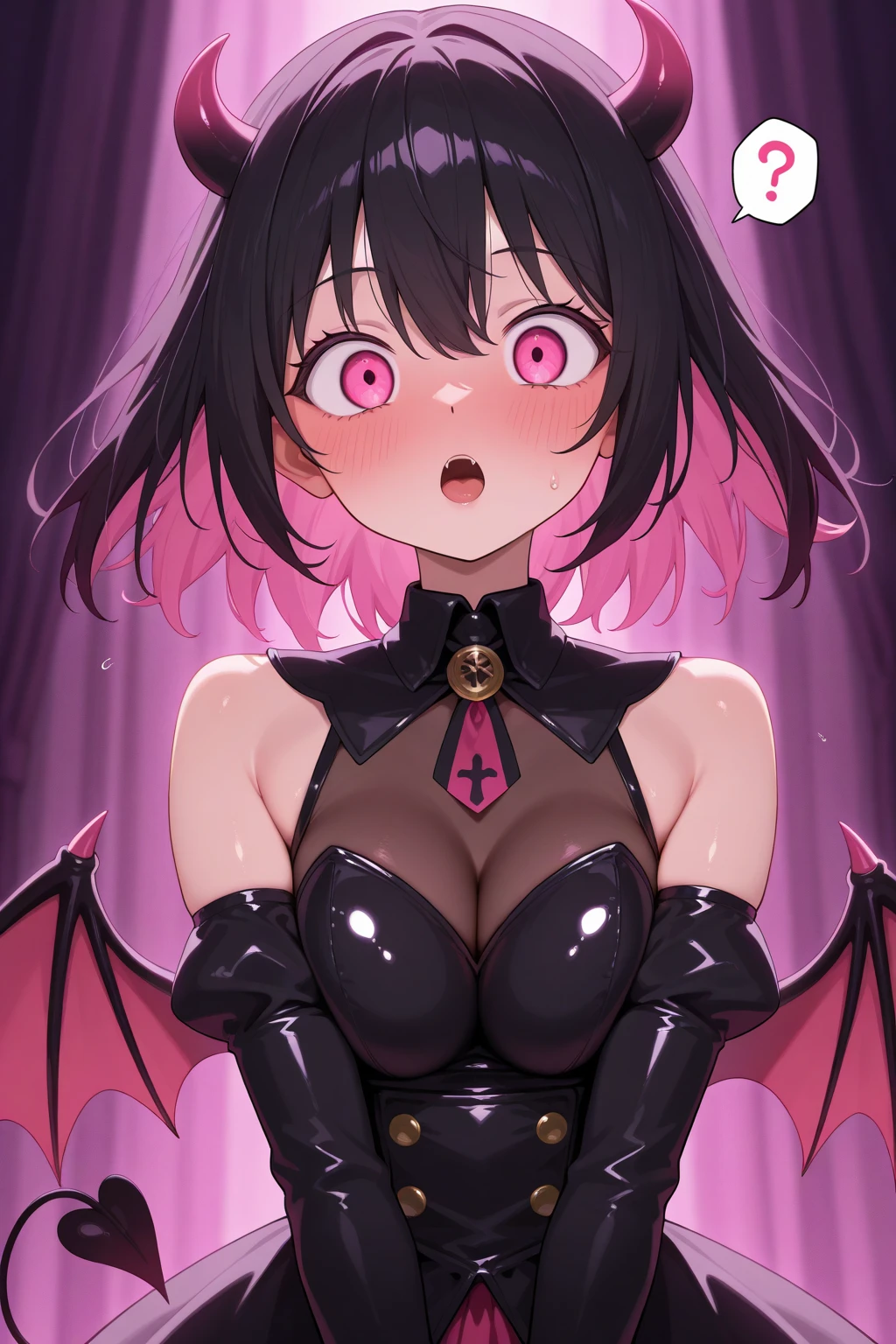 One young and beautiful woman,(Detailed Description,Incredibly absurd,High resolution,8k wallpaper,masterpiece,Highest quality,Depth of region,Anatomically accurate depiction,A face with attention to detail, Eye for detail,Perfect body,Two lovely hands, Five perfect fingers,Two curvaceous legs),(Succubus),(Glowing Skin,Shiny skin,Oilskin),(Black Lingerie,corset,black tights),eyelash,eye shadow,eyeliner、mascara,(Bright pink eyes,Condescending Gaze,Crazy Eyes,A seductive smile,Large Breasts,Glossy Lips,Place your hands under your chest),Sweat,whole body,