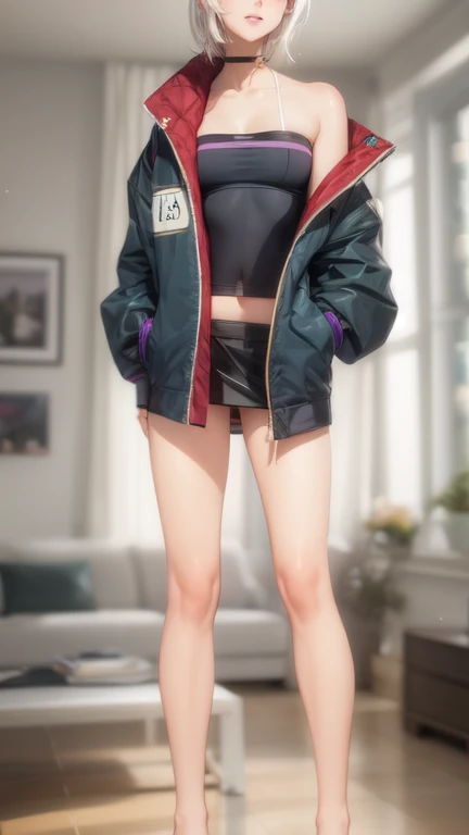1boy,androgynous, bodybuilding, dark blue messy hair, wide extremely vibrant blue eyes, hd, masterpiece, vibrant, red high heels, slim dark blue hoodie, slim fit blue super shorts, full body view, warm smile, black stockings, male bulge, bulge