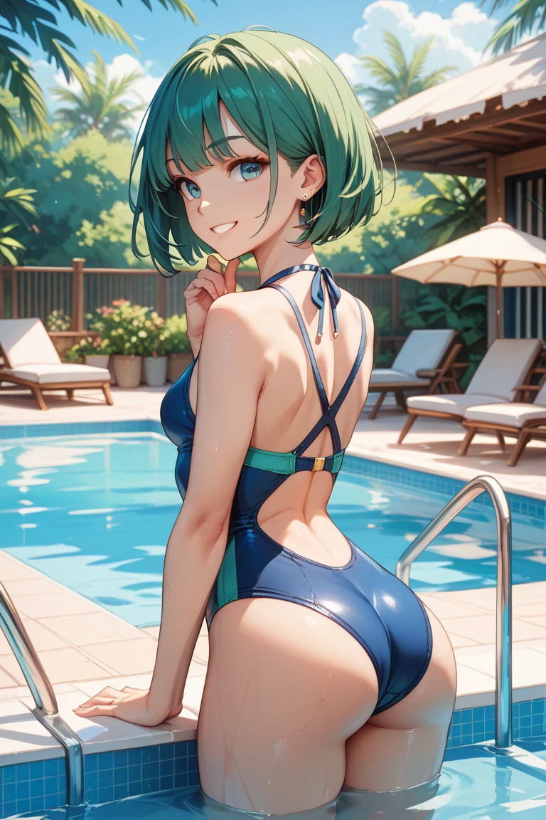 1woman, elf, light green hair, short hair, purple eyes, swimsuit, standing on ground, high res, ultra sharp, 8K, masterpiece