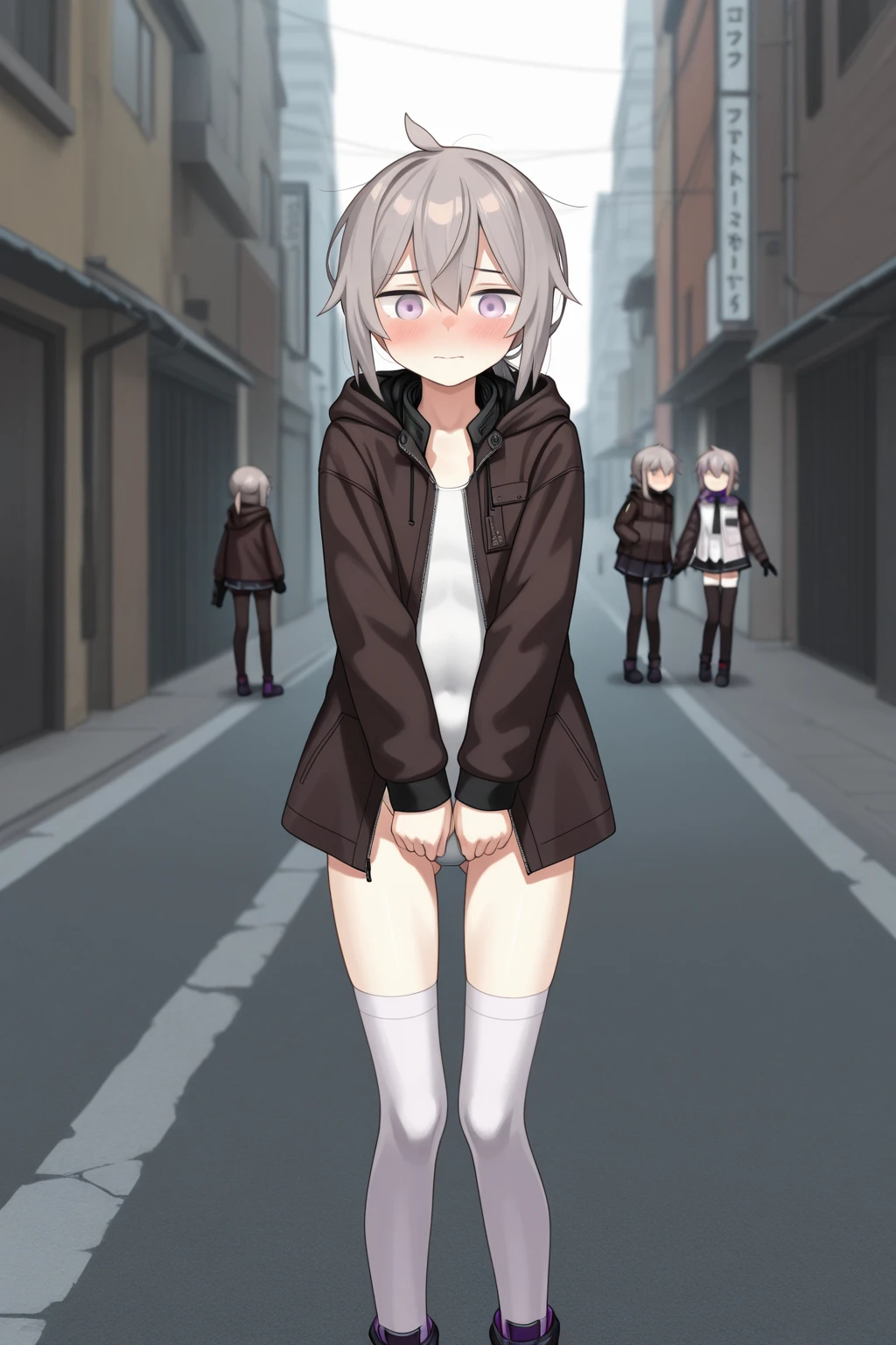 (uncensored), score_9, score_8_up, score_7_up,source_anime, high quality, exceptional, best quality, perfect hand, 1 girl, (embarrassing face), (glare:1.3), (child:1.4), (loli:1.4), short stature, beautiful long hair, detailed eyes, cute face, (blushed:1.4), half-closed eyes, white socks, (((open shirt and show off pink nipple))), (looking at viewer), ((her hand having child striped cotton panties, urine stain)), (bottomless), ((expose line pussy)),flat chest, ((standing on street)), (anime screencap, anime coloring, megami magazine,yumekawaii:1.1), (front view), naked_randoseru, red backpack, Eyes, (furina/genshin impuct), white hair