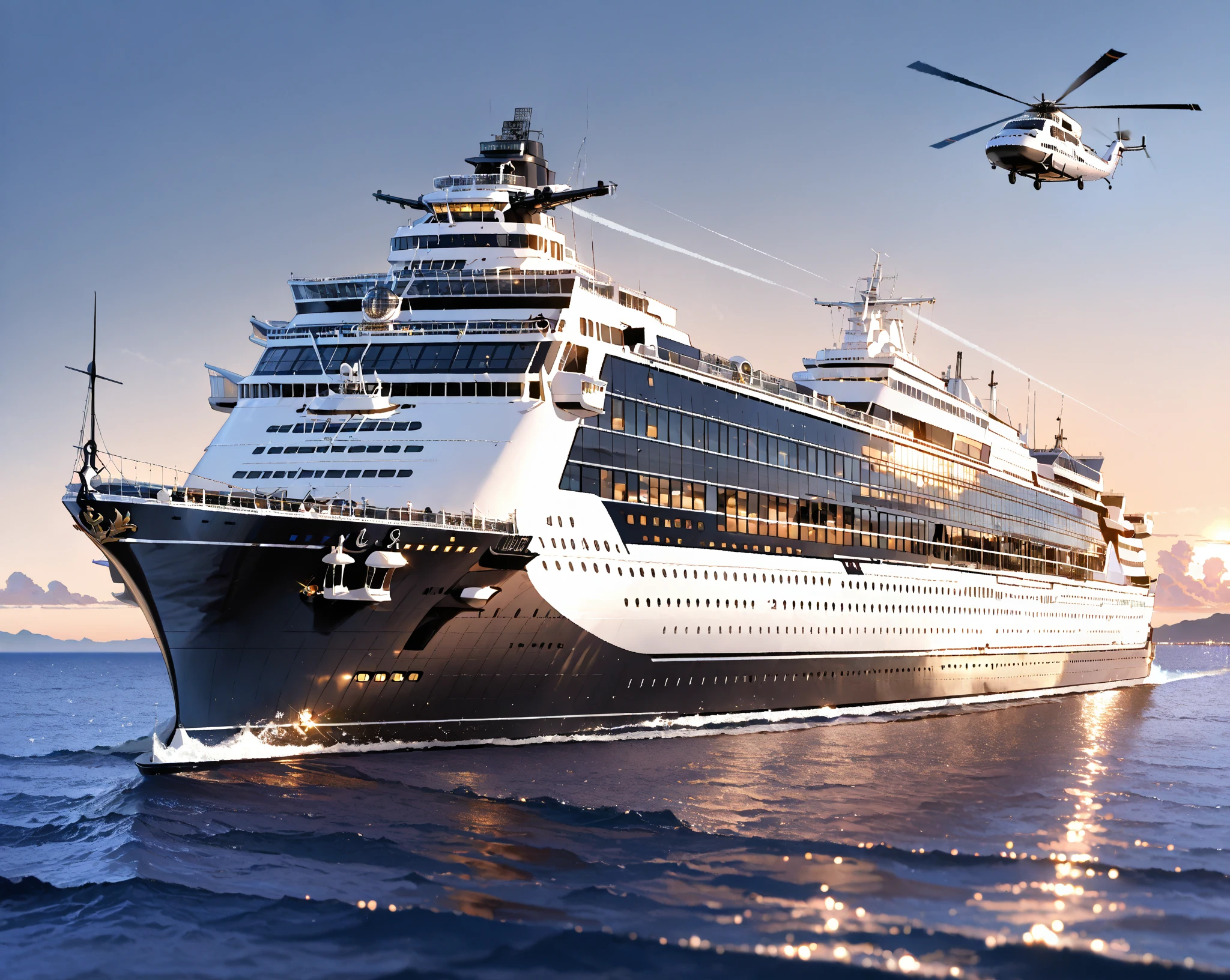 best quality,ultra quality,ultra highres,ultra detailed,exceptionally detailed,A luxury passenger ship floats at sea、1 helicopter is about to land on the passenger ship、There are 2 boats floating next to the passenger ship、There are several gangsters with guns on the deck of the ship