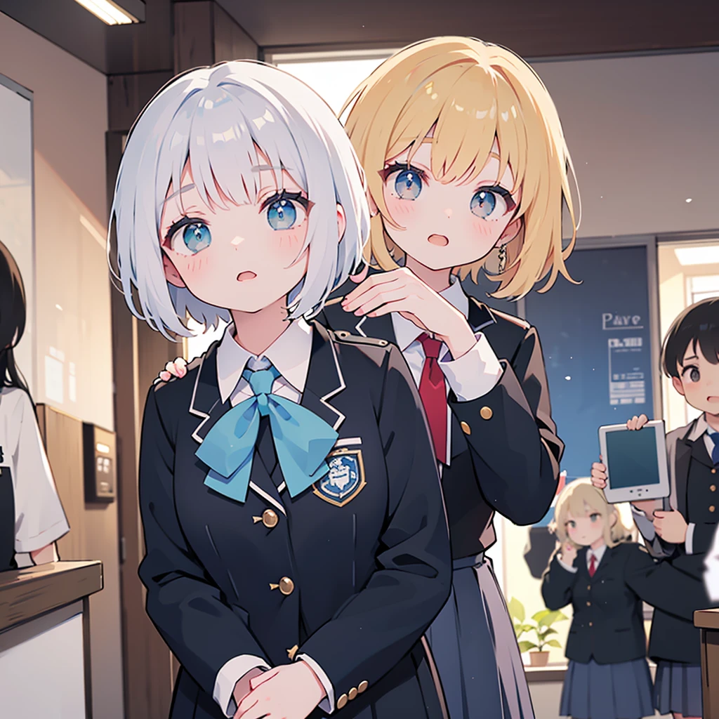 Top-High quality、Highest image quality、masterpiece、high contrast、Elegant、 expression、high school girl、blonde、Bob cut braids、uniform、(brown blazer)、ribbon tie、(Green and gray plaid skirt)、(black tights)、cinematic lighting、fine shading、cute、Truly unbelievably cute absurd、outside、outside苑