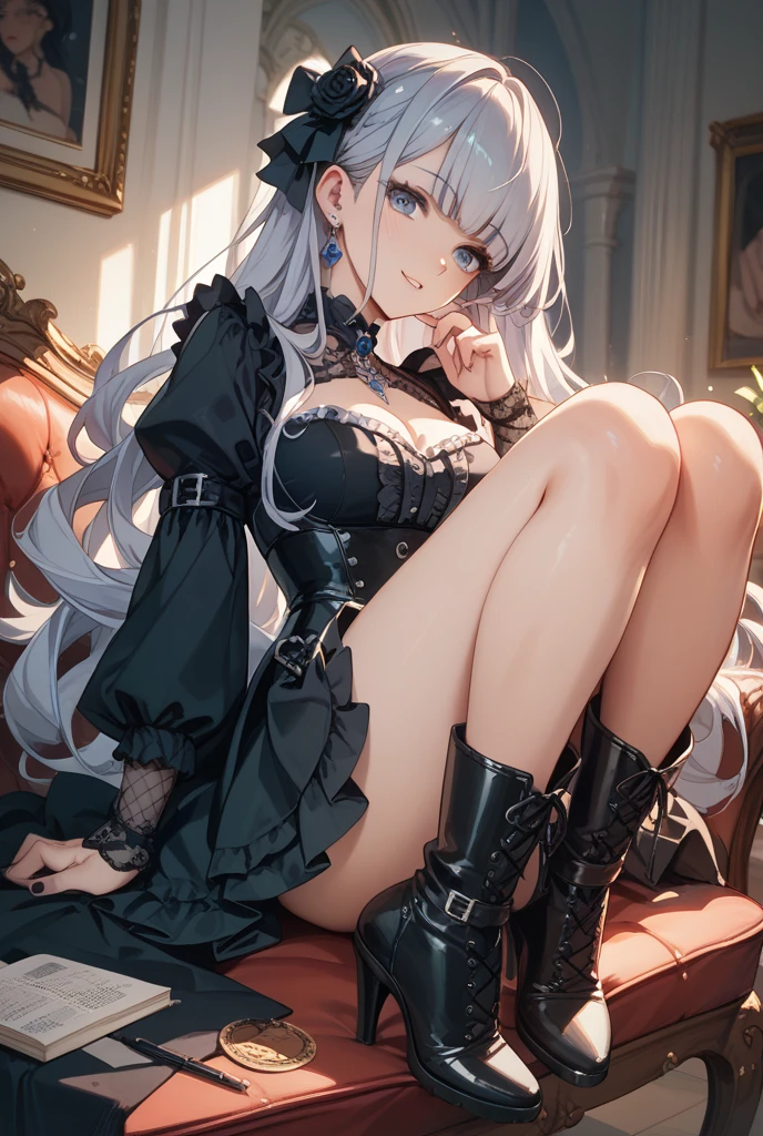 (Highest quality, High resolution, Very detailed), 1 female, Silver Hair, Long Hair, Reddish brown eyes, Black Dress, Nude, pussy, vaginale, (pussy juice), secretary, 24th generation, Beautiful woman, mature, thin, quiet, Calm, Large Breasts, A small smile, sofa,