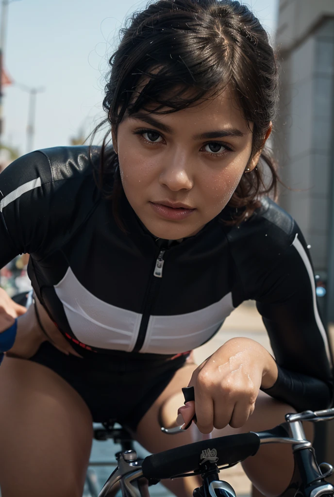 (Best quality:1.4), (ultra high resolution:1.2), (photorealistic:1.4), (8K, RAW photo:1.2), 1 girl, black hair, straight hair, long hair, wearing full triathlon suit, outside, upper body, hair in a bun, posing. bike ride .