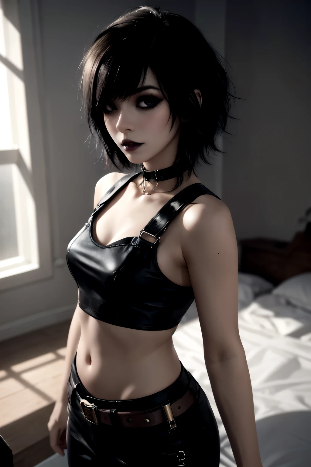 1girl, Joan Jett, 18 years old, looking (((interested!!, amused!!)), (((looking at camera)))), (bondage, (((bound behind back)))). Masterpiece, (photorealistic), raw photography, top quality, best quality, (((Close medium shot))), upper body, muscular, attractive. NSFW, topless. Indoors.