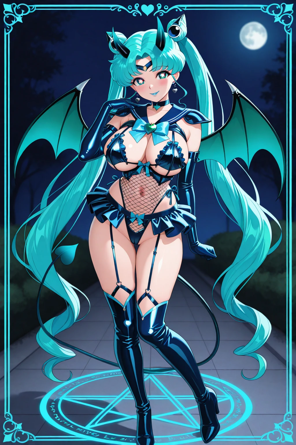 highest quality　Highest quality　Draw a face carefully　High-definition anime-style face　Super Glowing Skin　Black leotard　Bat-print purple pantyhose　Succubus　lure　smile　Rear view　Back view　Morrigan Aensland