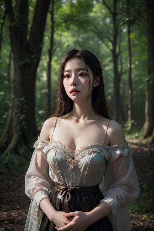 Super detailed character, Depicts a 25 year old woman wearing a transparent silk Hanfu, holding a sword, Immerse yourself in a very detailed and misty forest environment, The background of towering old trees, Her hair is black and shiny, The cleavage is prominent, Sharp, Brings a very dynamic effect。Colorful picture,Use real photography art,Add movement effect。Overall old-fashioned style, front-facing screen, human body panorama。