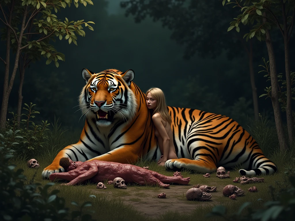 photorealism:1.2) table full of fruits, Naked woman lying on the table and a tiger tastes her 


