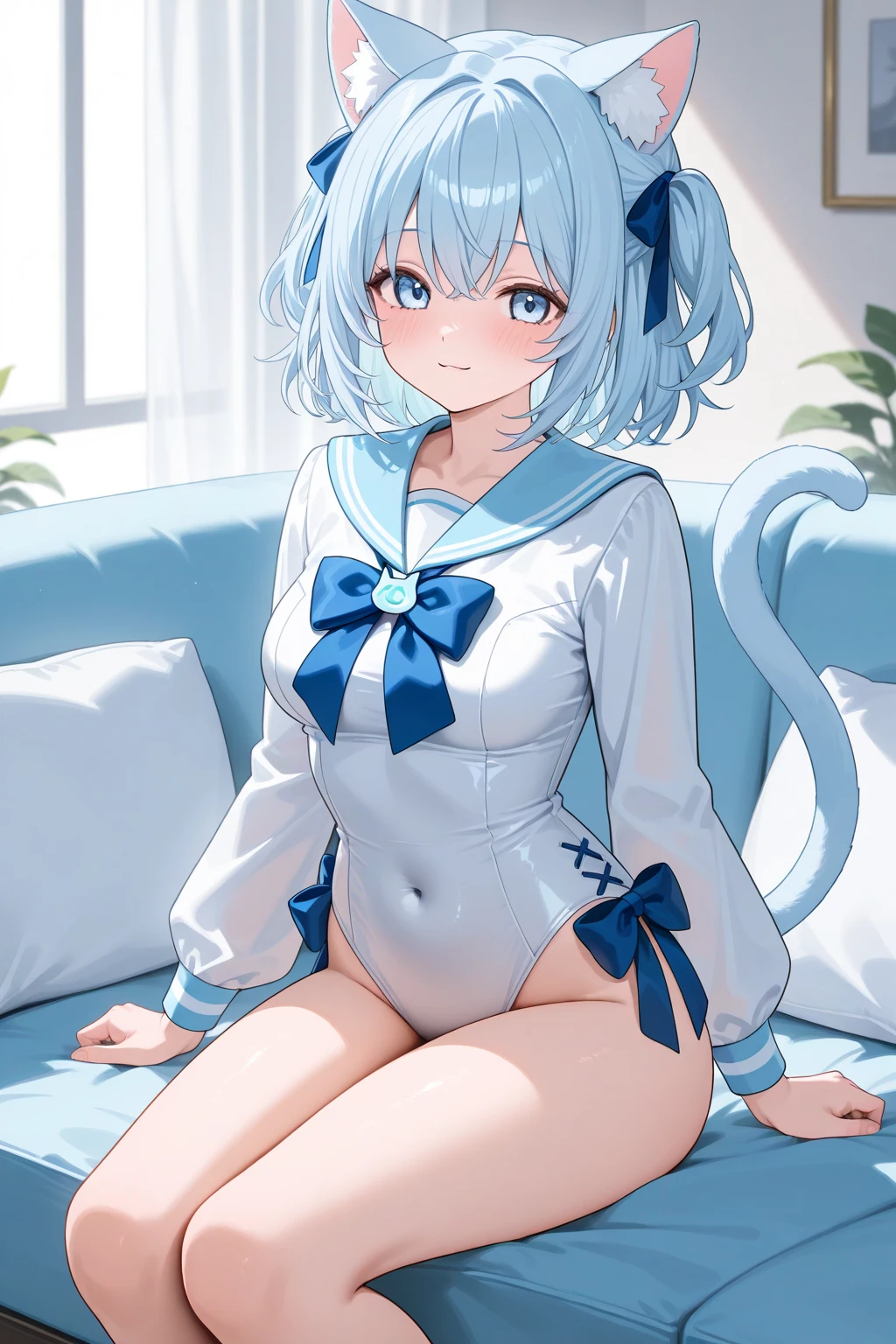 best quality, ultra precision, one girl, blue eyes, white hair, young, loli, cute, blush, teenager, cat's ears, small breasts, standing, shy, on bed, embarrassed, like a younger sister, school swimsuit, lovely, sexy, nsfw, no letter, tight-fitting swimsuit