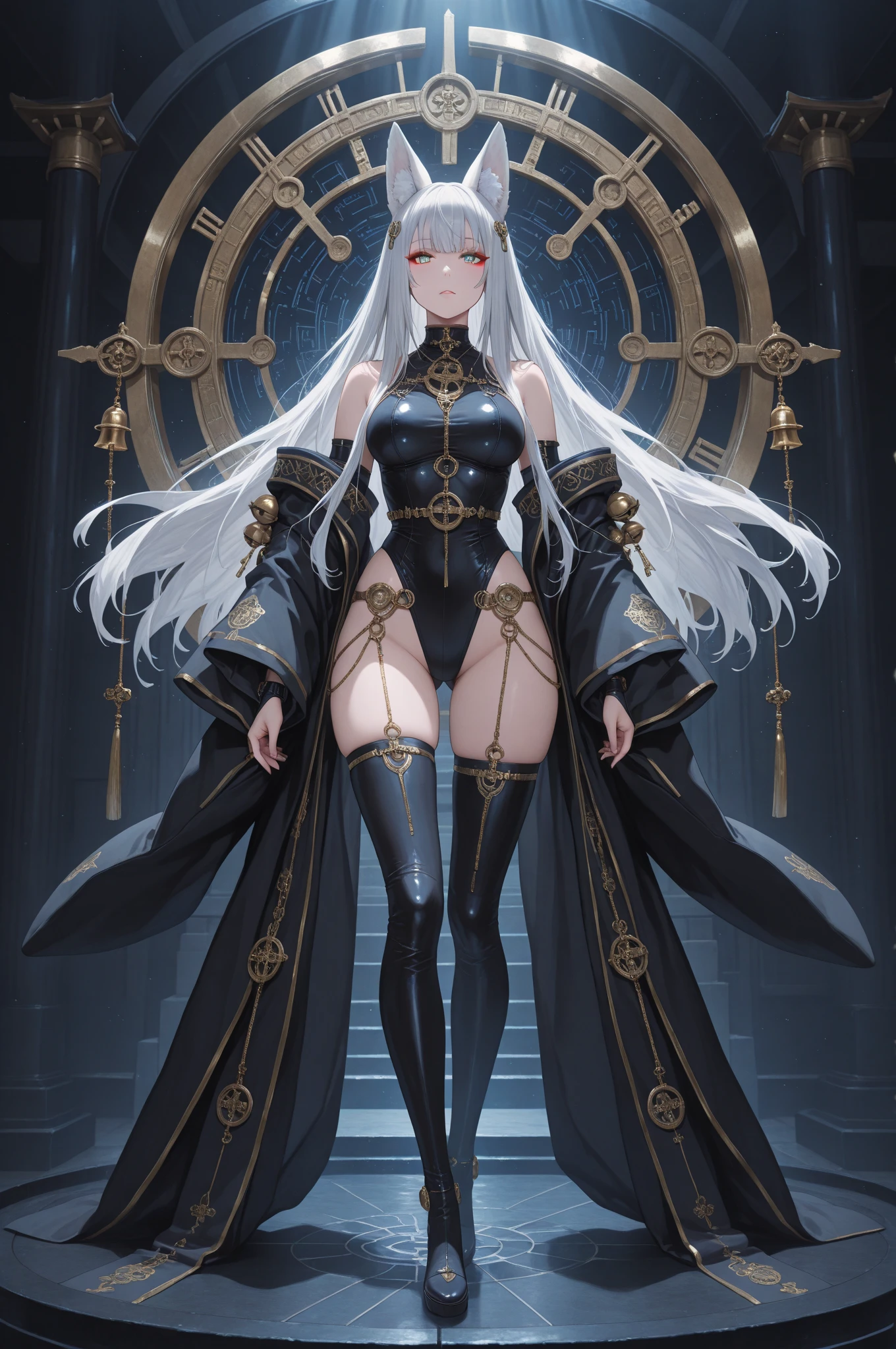 World of Warcraft demon hunter black latex tentacles on body, fire eyes long horns (white hair) cute face sexy full body sexy pose long high heels (Venom style)