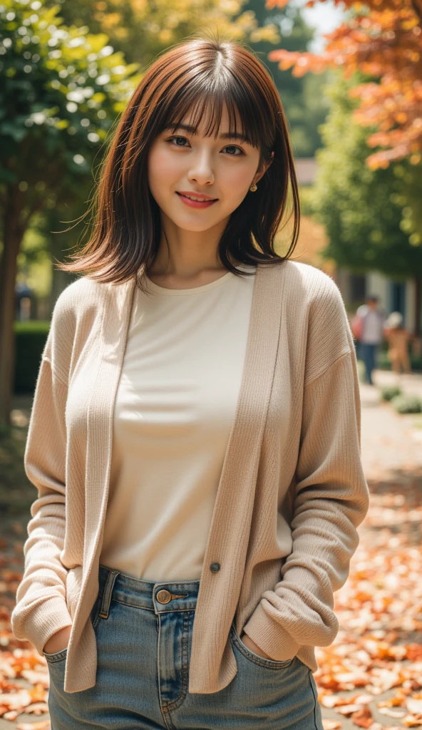 1 woman,(Wearing a blouse and cardigan:1.2),(RAW photos, best quality), (realistic, photo-realistic:1.4), masterpiece, very delicate and beautiful, very detailed, 2k wallpaper, amazing, in detail, very detailed CG unity 8k wallpaper, very detailed, mackerel, soft light, beautiful detailed girl, very detailed eyes and face, The detailed nose is pretty., beautiful and delicate eyes,movie lights,Autumn scenery,sunlight,Maple tree in autumn,complete anatomy,slim body,smiling,