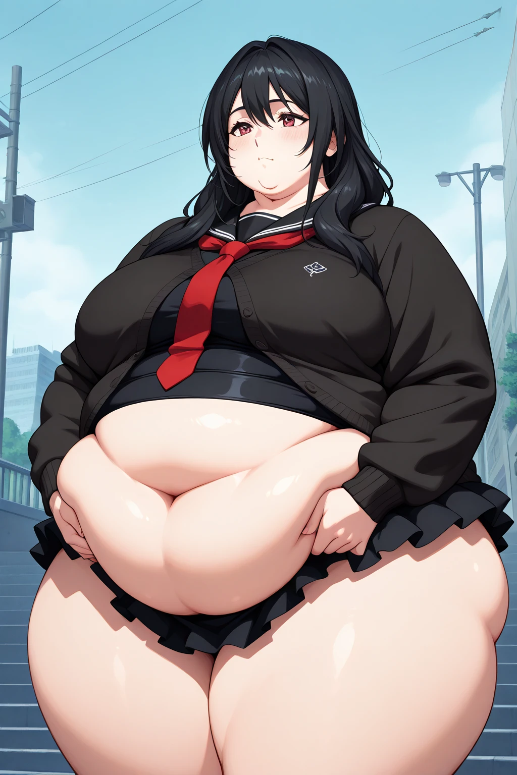 (Obese:1.1)(Bloated belly:1.1)Panties(Freed breasts), nsfw, sagging , pink nipples, Mature, milf, middle aged, 1girl, solo, black hair, straight black hair, glasses, looking at viewer (goth:1.0), gothic, pale skin, red eyes (massive sagging breasts:1.1), hands on sides,, on top pov,face sitting 