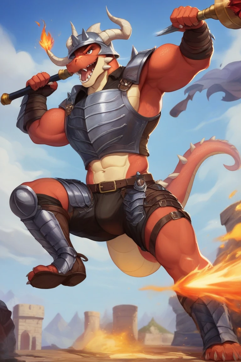 human nature, cannon, male, solitary, ((the strong,Handsome)), ((dragon) fur), Chibo,Six-pack abs,(Western castle background),cloudy day,Blue shorts,Sweat:1.3,White Socks,high quality, (4K,high quality, high resolution, masterpiece), Front view (close up), cartoon,by lindong