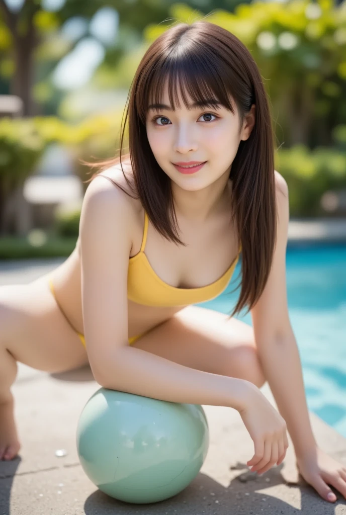 masterpiece、超High resolution、well done!、彼女 has a very cute face and a young figure like an idol.々A 20-year-old Japanese woman with unique features、Gentle and cute、A kind smile、Yellow micro bikini、She is sitting by the pool 7、large size bust、whole body、RAW Photos、Genuine、High resolution、Life、No copyright notice