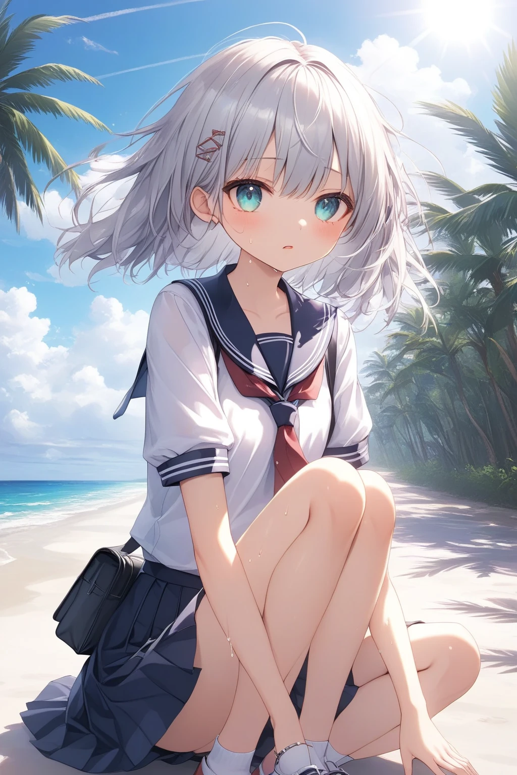 Highest quality、High resolution、Detailed Background、(Beautiful face in every detail:1.4)、Anatomically correct、Highly detailed face、Detailed eyes、Teenage beauty、(Huge breasts:1.2)、Perfect body line、Light color hair、Bobcut、Wavy Hairstyle、well-groomed eyebrows、Shiny navy blue sailor suit、White sailor collar、Navy blue pleated skirt、School Cardigan、White Stockings、A melancholy atmosphere、
The seaside covered in a dark grey sky、My hair swaying in the wind、It highlights the girl's lonely expression.、The figure of a girl walking slowly alone on the beach seems to symbolize the loneliness of autumn.、
While being blown by the sea breeze、There seems to be a sadness in the eyes of the girl as she silently gazes into the distance.、The back of the girl standing facing the sea seems to speak of loneliness and solitude.、Girl sitting on the beach、The sight of her curled up, hugging her knees, makes me feel like she is carrying a heavy burden inside her.、The tears that occasionally run down my cheeks seem to symbolize the loneliness of autumn.、The girl's gloomy expression stands out in a landscape dominated by cool colors.、The sight of a girl standing quietly alone awakens the loneliness of autumn deep in our hearts.、The inner loneliness of the girl reflected in the autumn sea slowly seeps into the viewer's heart.