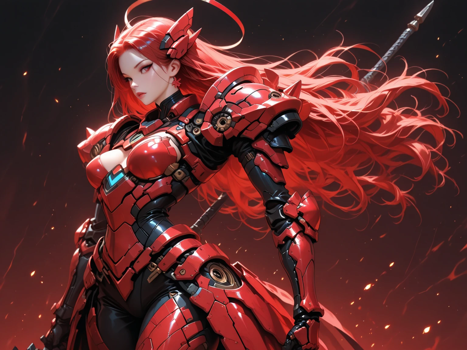 Long red hair，Mecha，Large female robot , Red full body sci-fi fluorescent armor,helmet ,Chest，Female body，Mechanical joints，wing，iron skirt，thigh， High heel, Standing，front，City(masterpiece, best quality, high quality, high resolution, Very detailed(Delicate face:1.2),