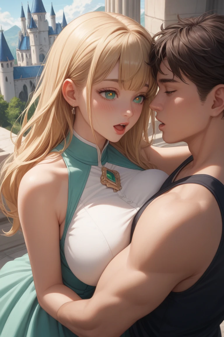 best quality、((full nude:1.2))、1 cute girls、blue eyes、Tiara on the head、big boobs:1.2、saggy breasts、big ass、beautiful features 、blunt bangs、long hair、side braid hair、high tone beige hair、kneeling、crying face、White liquid on the body、A luxurious collar encrusted with jewels、((knee high socks:1.1))、1 fat naked man、I can have a dick in my mouth、Ejaculation from the penis、In the dark ruins