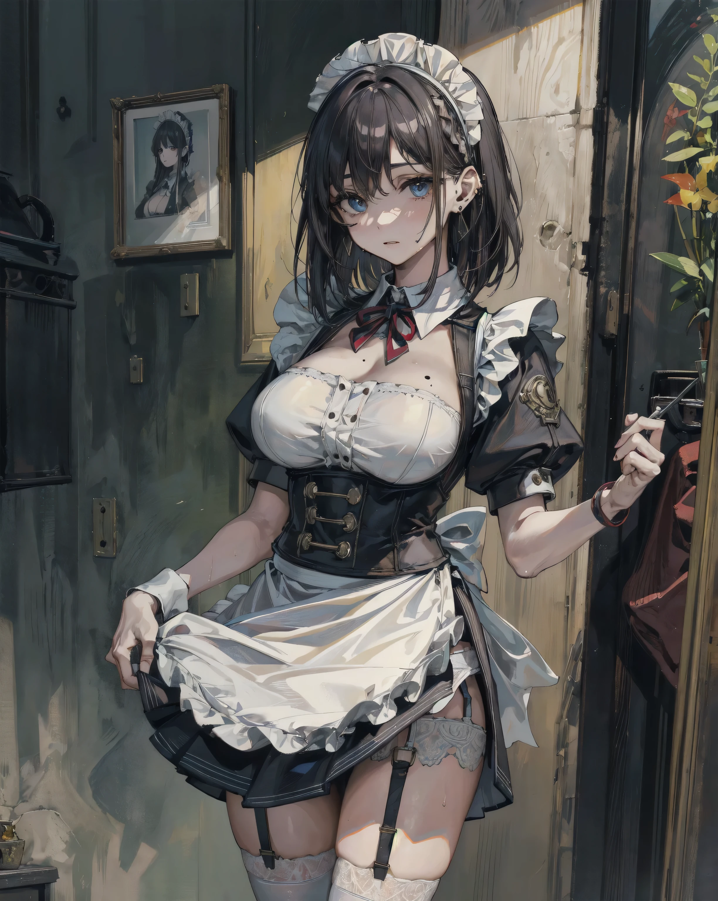 whole body, The sickly maid holding a bloody axe, Stained with blood spattered at close range, Blood stains left after the splash, absurdres, RAW photo, extremely delicate and beautiful, masterpiece, Best Quality, ultra high resolution, 32k, hyperrealistic, ultra-detailed description, pale skin, 20 years old, detailed beautiful face and eyes, tearful mole, earring, Colossal tits, short medium wavy hair,
