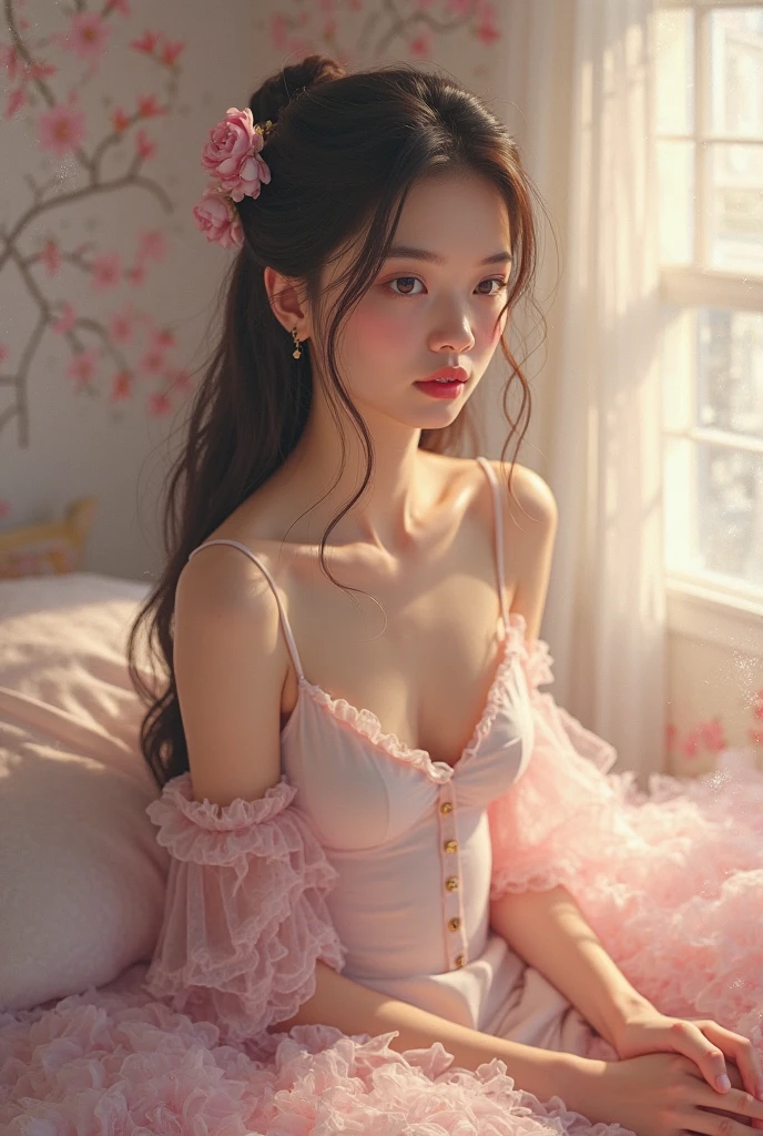 sexy pajamas, film portrait photography， 1girl， Wavy shoulder-length hair， peacful， serenidade， （Realistic detailed eyes， Natural skin texture， Realistic facial details）， Soft dramatic lighting， depth of fields， bokeh， vibrant detail， finedetail， hyper realisitc， 35mm film， Hazy and blurry