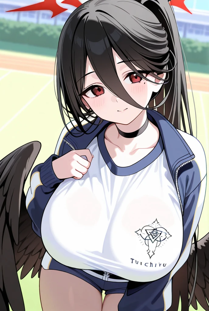 <lora:hasumi-v2:1>hasumi ba, very long hair, white shirt, long hair, partially unzipped, simple background, long sleeves, choker, blue jacket, solo, jacket, black hair, white background, wings, huge breasts, large breasts, blush, 1girl, gym uniform, black choker, looking at viewer, mole under eye, hair between eyes, track jacket, red eyes, low wings, shirt, ponytail, halo, black wings, holding, mole, clipboard