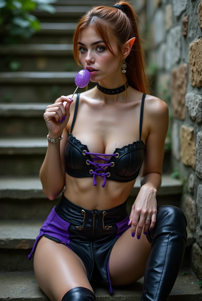 8k, RAW photo, best quality, ultra high resolution, photorealistic, realistic photo of skinny starfire, (skinny starfire from teen titans), (slim face, red hair), in the dungeon, brick walls, chains, bright light, (full body picture), standing posing for picture, sexy pose, wearing starfire costume, wearing (purple top, purple collar, purple gloves, skirt, purple thighhighs), (looking at viewer), smirking, seductive, High Detail, Sharp focus, bright light