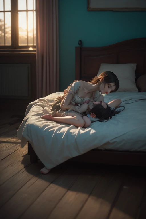 Beautiful woman in a transparent shirt,with fair skin,Delicate looks,Lie sideways on the big bed,Wear soaked black pantyhose