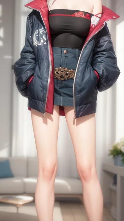 Looking at the lower body from directly below、Beautiful legs open so that you can see the crotch、flat chest、Thin pubic hair、Golden bristles、parka
