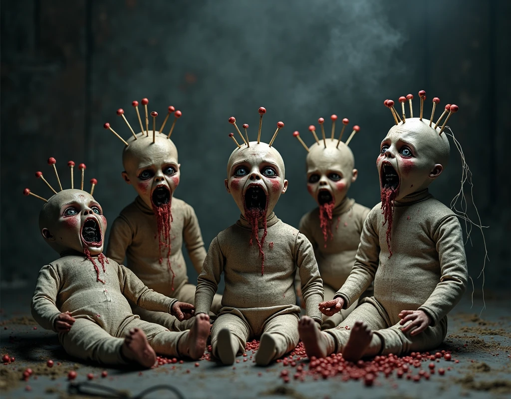 Burnt dead baby doll, flames, blood, gore, veins in teeth