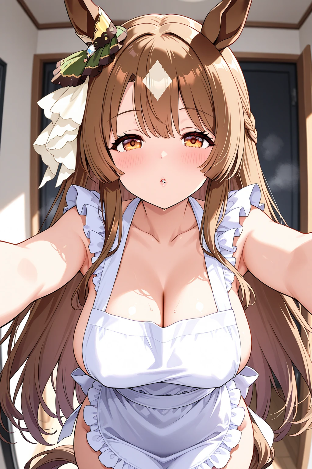 Highest quality,masterpiece, best resolution, nsfw, 1 girl, (portrait), close up, topless, (huge breasts:1.5), nipple,indoor, smile, standing, face viewer, horse ears, horse tail, Daiwa Scarlet