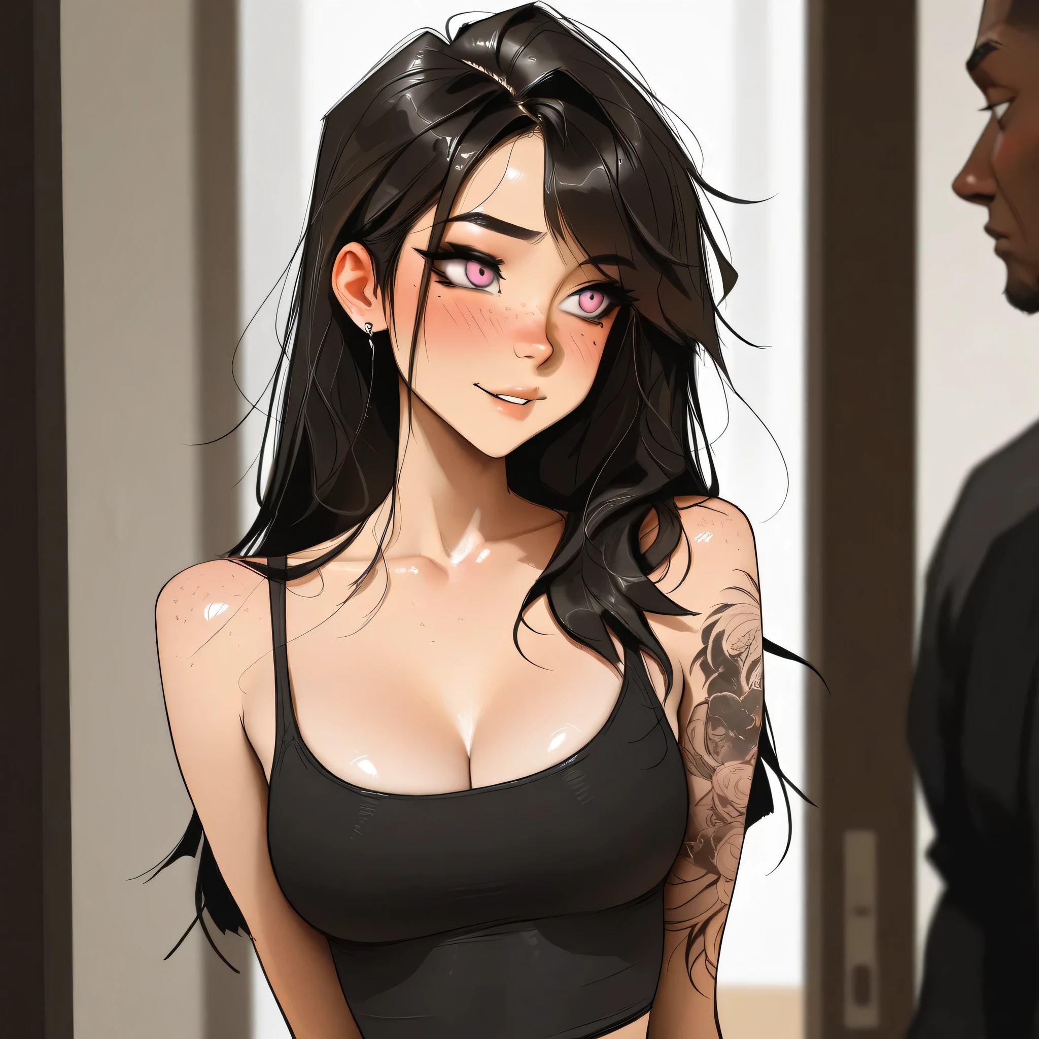 masterpiece, best quality, very aesthetic, movie quality, depth of field, soft saturation, focused subject, ,official style, shiny skin,1girl, long hair, long black hair, pastel pink_eyes, swept bangs, tattoos, feline eyeliner, e-girl, slender body,, (M1lkG0re:1.2), ,, medium breasts, , , shirow masamune, sam yang, full-body-tattoos, , dark eye makeup, freckles, blush, piercings, nose stud, , girl is cheating on her boyfriend, (((netorare))), teasing expression, bbc, ntr, cuckold,, after sex, feigning innocence, hiding evidence of sex, disheveled appearance, Trixie Tang, disheveled clothes, big cock off screen