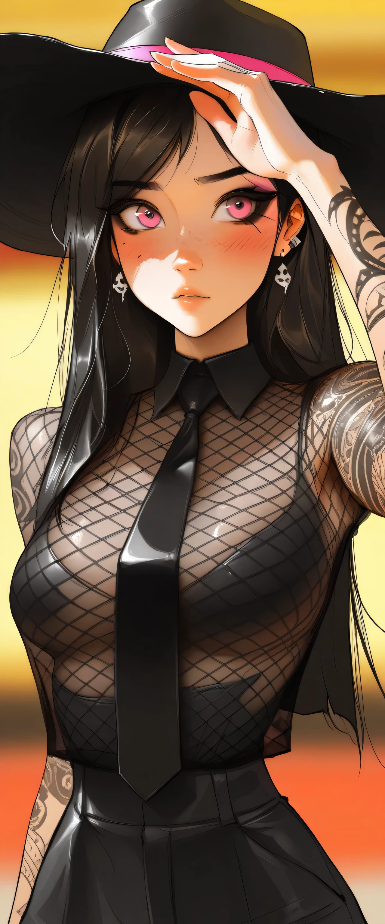 masterpiece, best quality, very aesthetic, movie quality, depth of field, soft saturation, focused subject, ,official style, shiny skin,1girl, long hair, long black hair, pastel pink_eyes, swept bangs, tattoos, feline eyeliner, e-girl, slender body,, (M1lkG0re:1.2), ,, medium breasts, , , shirow masamune, sam yang, full-body-tattoos, , dark eye makeup, freckles, blush, piercings, nose stud, , mob boss outfit, , tie, wide brimmed hat, low brim shading eyes, black mesh shirt