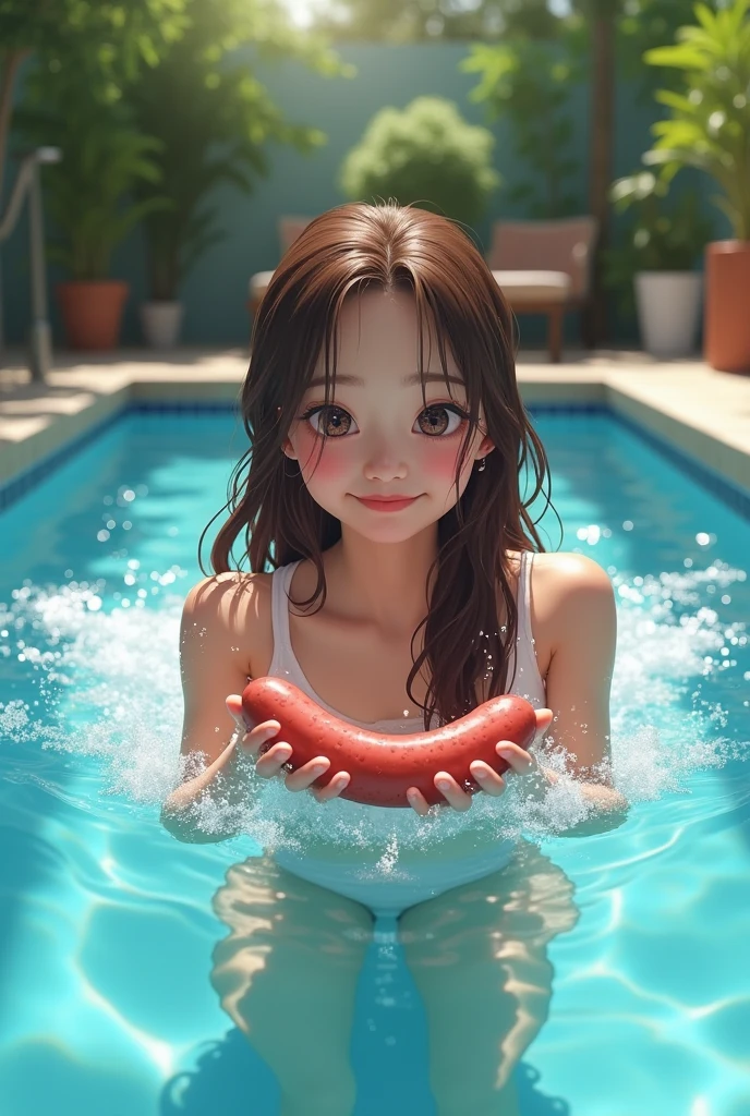 Transcendent Cute Girl, White School Swimsuit, 25 Meter Pool, in poolside、unknown material、Thin swimsuit、(Sucking sausages、Sausage juice splashes on my face、Full of desire、juicy bite、Holding the sausage)