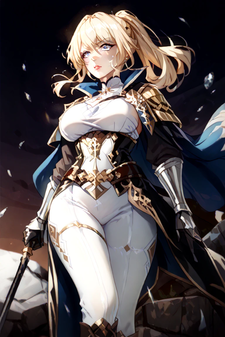 ((Jeanne d'Arc)),Joan of Arc,girl,1girl,(((16 years old))),(large breasts:1.2),(((single braid, blonde))),((blue_eyes:1.5)),intricate eyes,beautiful detailed eyes,symmetrical eyes,Big eyes:1.5,((fat)),(((lustrous skin:1.5,bright skin: 1.5,skin tanned,shiny skin,very shiny skin,shiny body,plastic glitter skin,exaggerated shiny skin,illuminated skin))),(spider lower abdomen,narrow waist,wide hip,athletic body,inflated legs,thick thighs,detailed body,(detailed face)),
cute,slutty,seductive,erotic,(nsfw),
heroic, bright, moody, intense,crownguard, paladin lady in ornate golden armor, black collar, pauldrons, breastplate, corset, glowing halo, red cape,(((intricate outfit,intricate clothes))),
(dynamic pose:1.0),drinking hot chocolate,(centered,scale to fit dimensions,Rule of thirds),
((snowy pine forest)),winter,scenery:1.25,((intricate scenery)),((snow forest background)),
(Glossy winter ornaments),highres,sharp focus,(ultra detailed,extremely detailed),(photorealistic artwork:1.37),(extremely detailed CG unity 8k wallpaper),(((vibrant colors,vibrant theme))),(intricate),(masterpiece),(best quality),