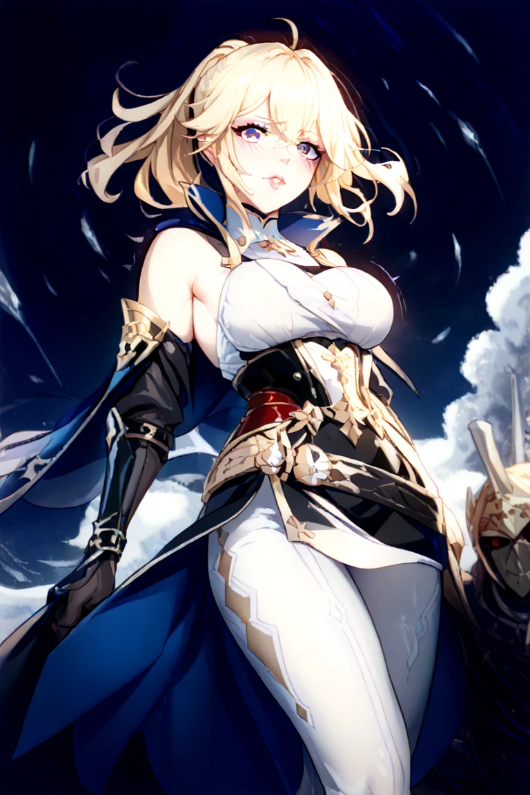 Adult dragon girl with short blonde hair blue eyes has blue dragon horns is wearing light blue armor with large draconic wings and a dragons tail she has a large chest