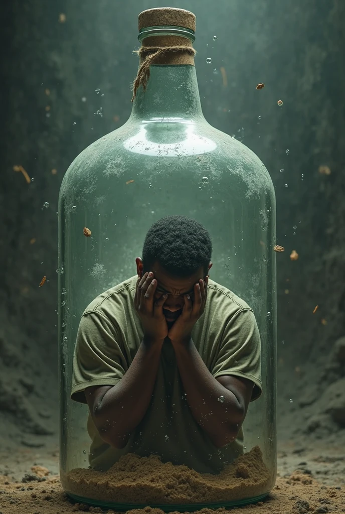 Create an image that depicts depression as a person in profile, partially nude, with their face tucked into their legs inside a closed glass jar with rain inside. The background should be empty, with dark and dark blue colors. 
