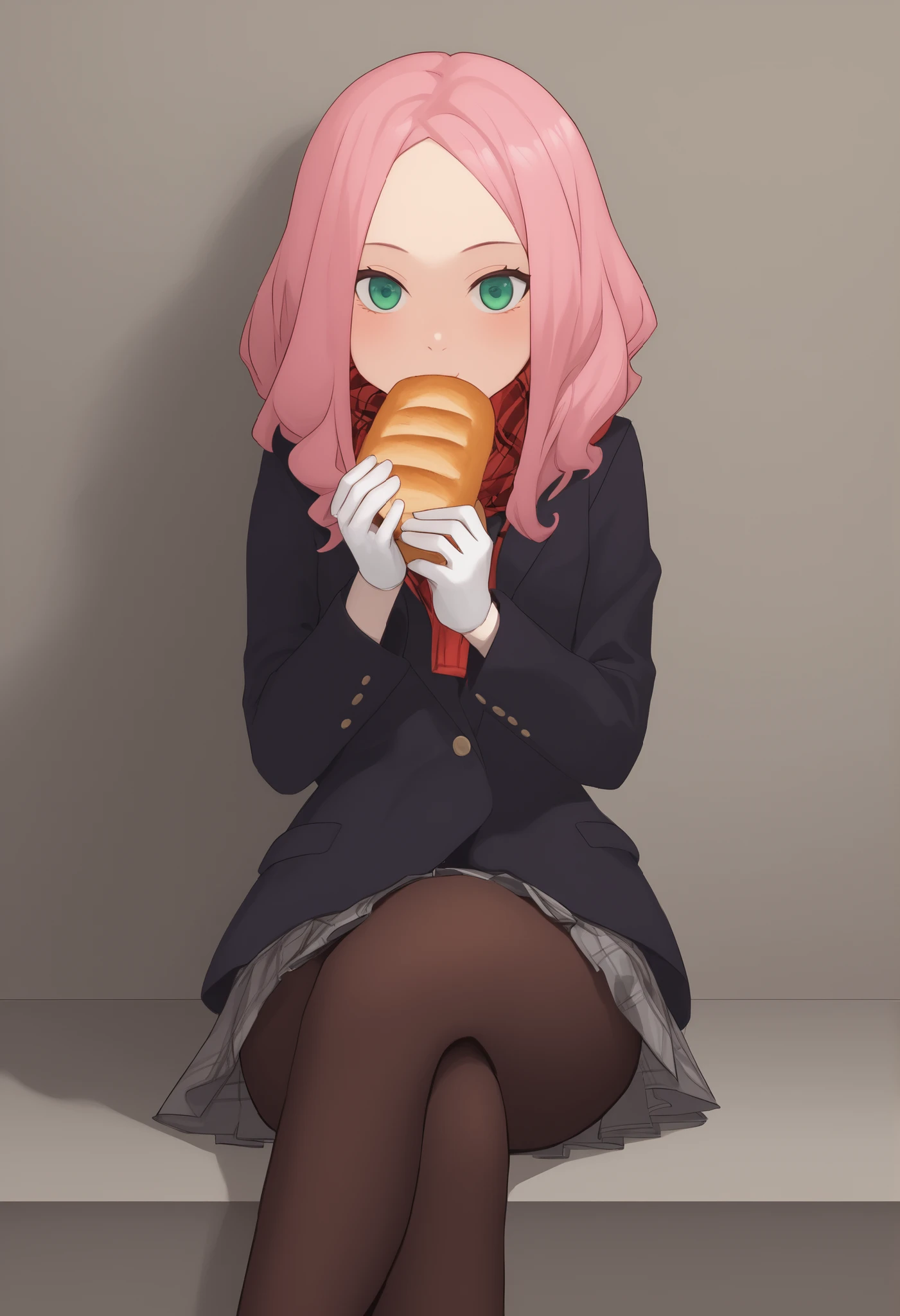 Sakura Haruno. small breasts, huge hips, pink hair, gigantic hair, light green eyes, thin lips, very fair skin, big forehead. | highres,absurdres,very awa,masterpiece,best quality,newest,lineart,chiaroscuro,Natural Light,Mood Lighting,cinematic lighting,volumetric lighting,ray tracing,dramatic shadows,dappled light,photo background, \\, ,solo,(close-up:1.5),(portrait:1.1),upper body,long sidelocks,White dense eyelashes,sitting,outdoors,bag,bread,plaid scarf,gloves,long sleeves,black footwear,crossed legs,black coat,brown pantyhose,breath,pleated skirt,skirt,skirt,blush,holding,eating,