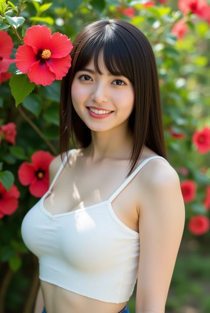 masterpiece, Highest quality，16K, Ultra-high resolution，The light and shadow of reality，Cinema Lenses，(Very skinny),(Beautiful, firm, well-shaped breasts),((Beautiful thin white thighs)),((Her waist is slim and beautiful)),((She has outstanding style)),((Big, shining, beautiful eyes)),((Beautiful white and shining skin)),((Cute Japanese Girls))((She is wearing a red gingham camisole dress.)),((She is in a beautiful meadow)),(Beautiful Eyes:1.1)，((She is smiling sweetly)), ((Medium shot scenes，Upper Body))，Dynamic Pose，A gentle goddess came with gentle steps,Clear eyes and a gentle smile,