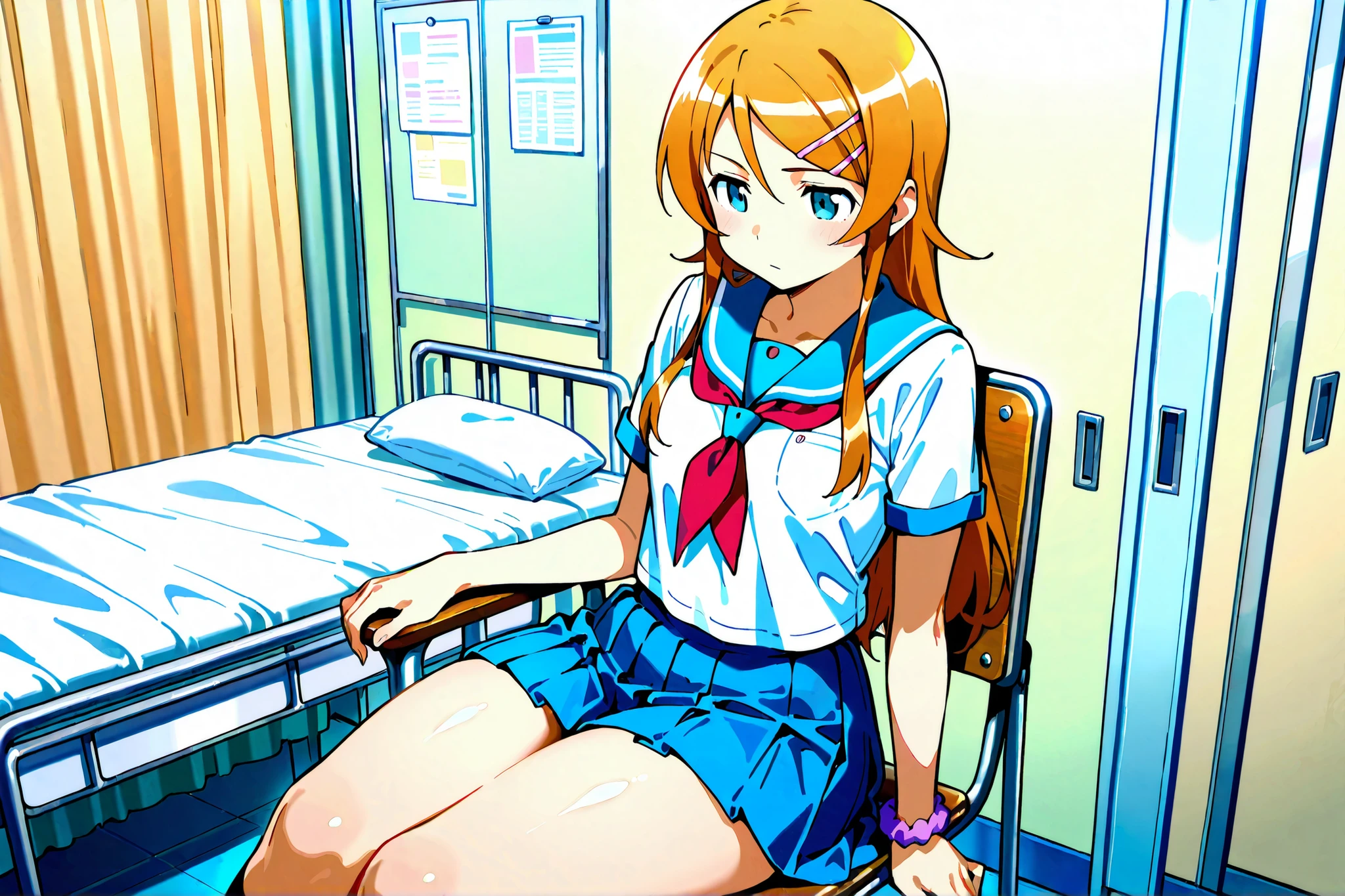 Expressionless kousaka kirino, serafuku, blue pleated skirt,short sleeves, red neckerchief,black socks, infirmary,sitting on chair,thick thighs