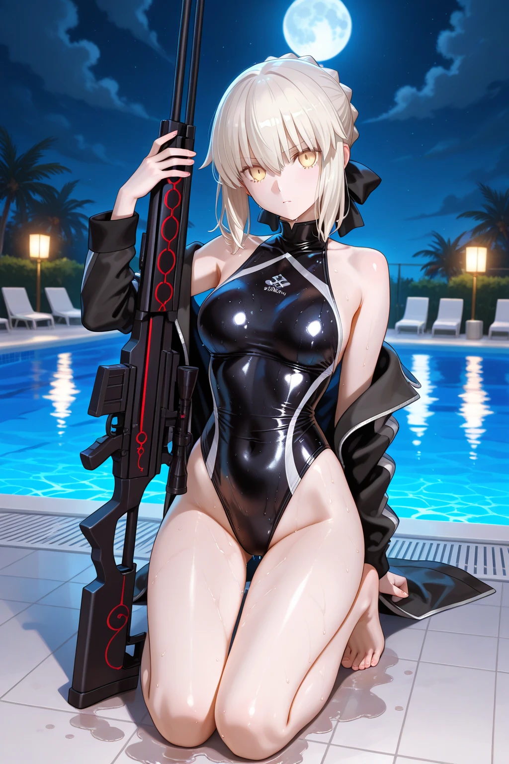 Nier automata 2B a beautiful millionaire pool with a very sexy silver swimsuit well made 