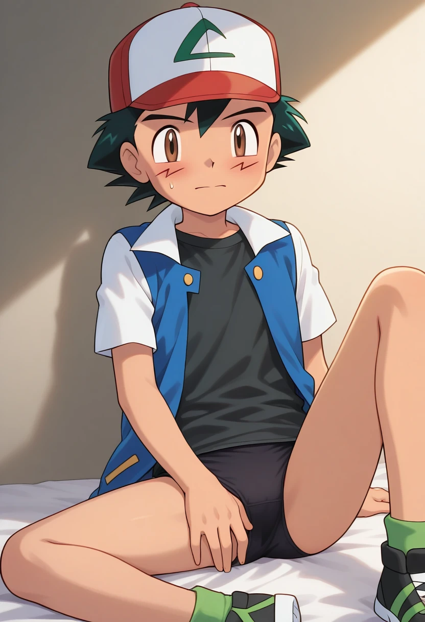 (masterpiece, best quality:1.2), solo, 1girl,goh \(pokemon\), dark skin, dark-skinned female, hair ornament,(completely nude:1.2),(loli kid),bed room,lying,standing,(pregnant:0.7),