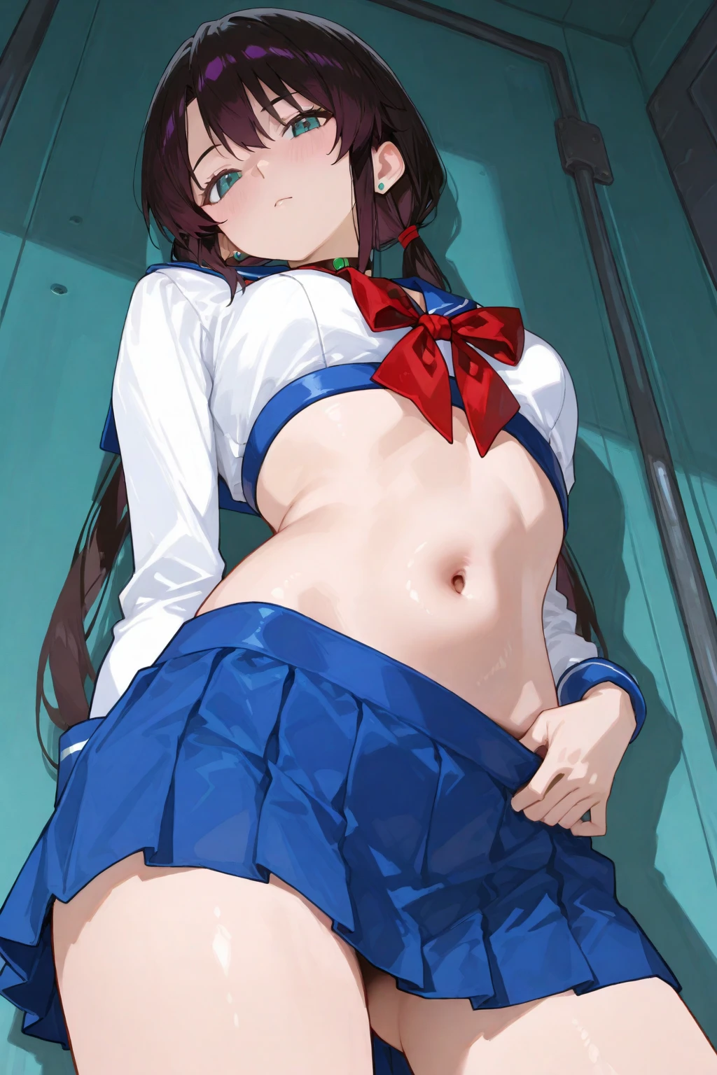 (highest quality, 8k, 32k, masterpiece, Hmph:1.2), (RAW Photos), (Realistic), (Realistic:1.2), (High resolution), Very detailedな, Very beautiful face and eyes, 1 girl,  Round and small face, big breasts and small waist、(((Small breasts)))、(((White wall background)))、Slim figure, (school uniform, Sailor suit、白いSailor suit, Dark blue pleated skirt:1.23), (Bust Shot)、(((Redhead)))、((short sleeve Sailor suit))、(close、highest quality、Attention to detail、Rich skin detail、Hmph)、(highest quality, 8k,  Tabletop:1.2), Very detailed, (Realistic, Realistic:1.37), (((Full Body Shot)))、Bright colors, (((Hand in hand)))、(((Sexy vibe)))、(((20-year-old woman)))、((Bust isＤcup))、(((Light brown hair)))、(((White Background)))、(((Cleavage)))、(((Girlish hairstyle)))、(((Long Hair)))、(((In front of a white wall)))、(((Light brown hair)))、(((I put my hand on my cheek)))、(((He has a wicked smile on his face)))、(((The girth of the chest is 85 cm)))、(((Small breasts mischievous expression)))、Sailor suitコスプレ、Cinema Lighting、No underwear、Thick pubic hair、Full Body Shot、Thick pubic hair