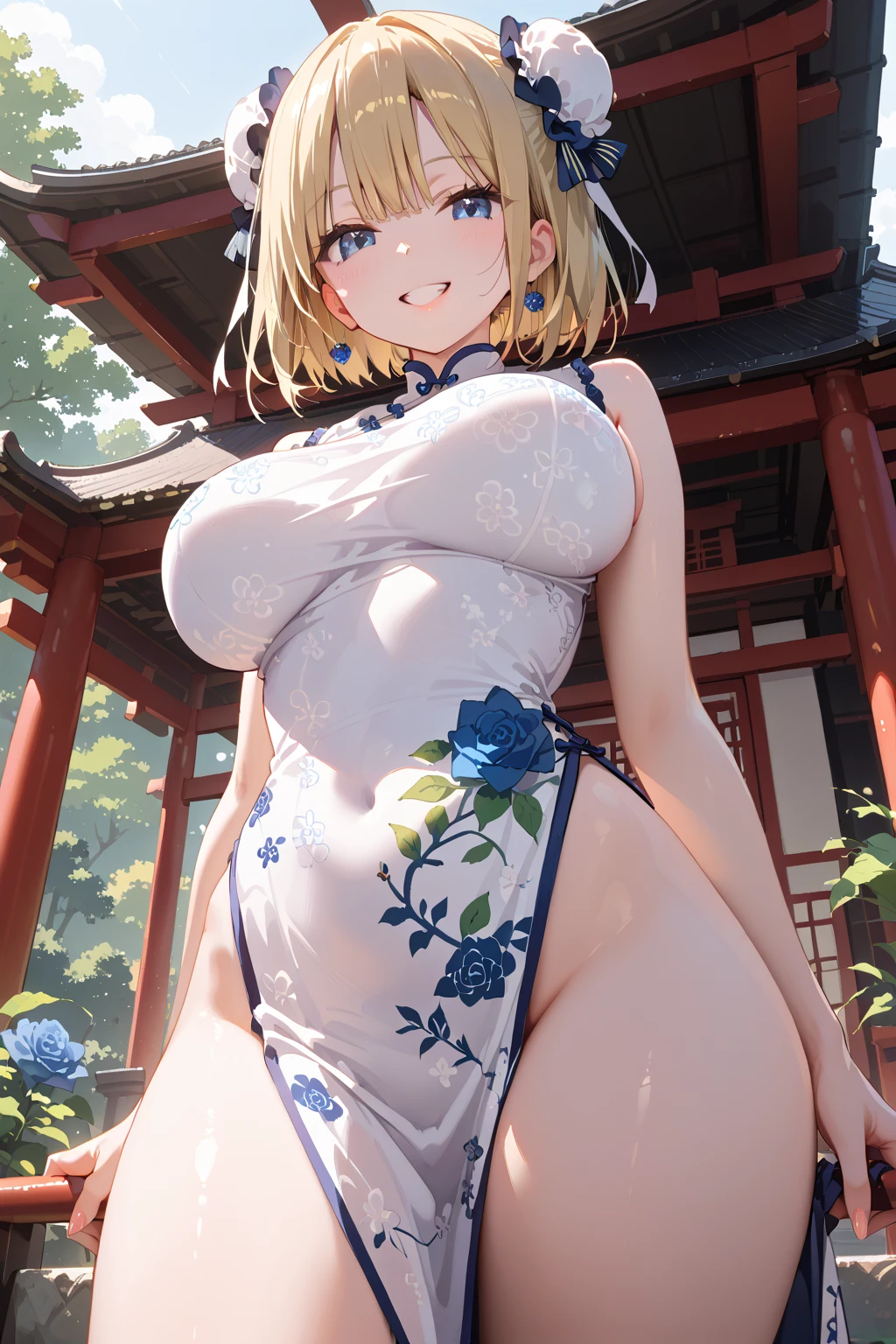 Masterpiece, best quality, exquisite details, high resolution, Very delicate and beautiful, Volumetric light, best shadow, shallow depth of field, 1 girl, Blonde, (big breasts), Double hair bun, (Chinese dress), (rift), Pelvic curtain, (wide hips), sexy, slightly seductive expression, big breasts,Show your breasts,The cracks are clear....,((big tits))，(pubic bone), rift, visible chest,seductive pose,I see bulging nipples.,(((large areolae:1.4,pink,The nipples are clearly visible.......))),(((bare breast:1.4)))
