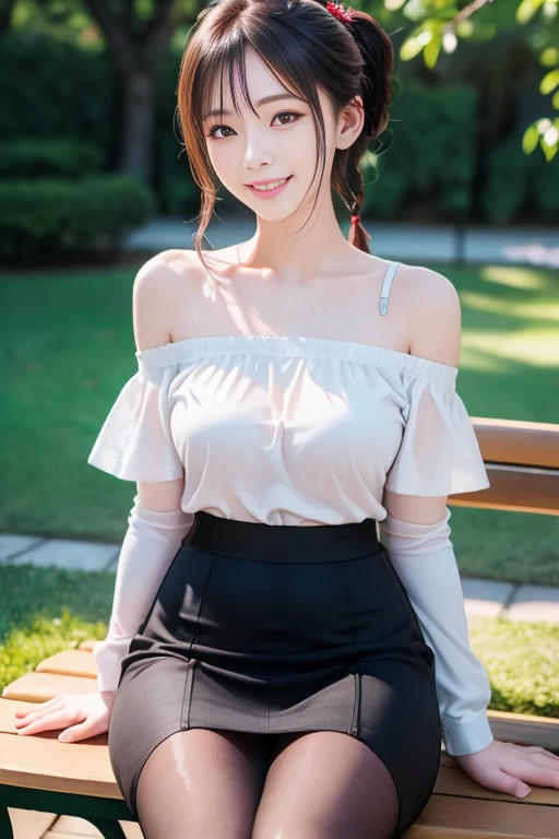 （true to life，Photorealistic 1.5）,((best qualtiy, 8K, tmasterpiece:1.3)), (二重まぶた，largeeyes:1.3),（smile1.5），（Full body photo 1.5）（One person 1.5）Clear focus 1.2, Perfect body beauty:1.4 , Delicate skin1.1，（Long brown hair 1.5），（Delicate facial features1.4），（Pure desire 1.3）(Black high socks 1.5)（Two pigtails，1.5），Black one-shoulder sweater，Lace floral skirt，Wear white gauze on your head，Slender legs，athletic sneakers，On the meadows full of flowers
