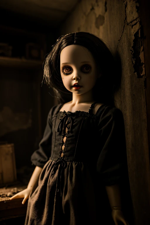 Long black hair. Teal blue eyes, Male, Blue and black frilly gothic clothes, Surrealism, Masterpiece, Shiny, Gloomy effects, 8k, super detail, Shiny, Beautifully detailed, Pretty drawn. Make it a scary doll. He's a doll. Bloody, a scary doll. Voodoo doll. Scary.